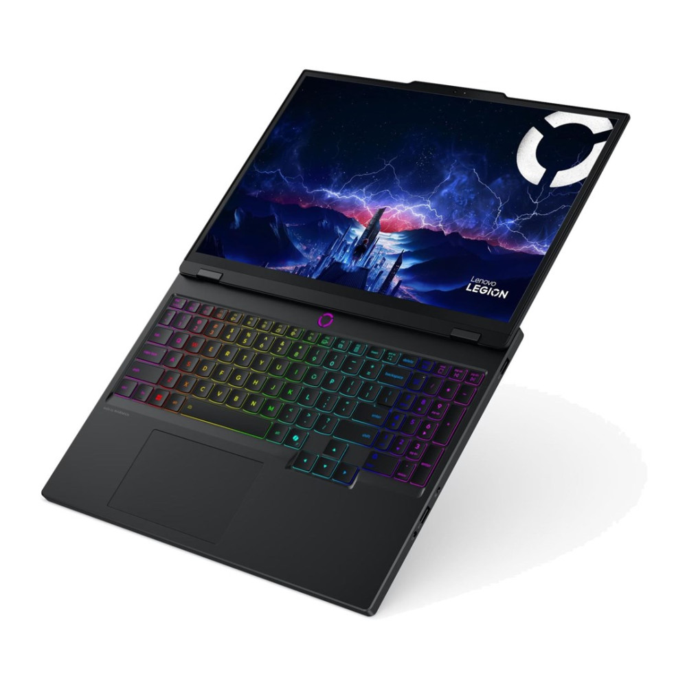 Laptop do gier Lenovo Legion z klawiaturą RGB i burzową tapetą.