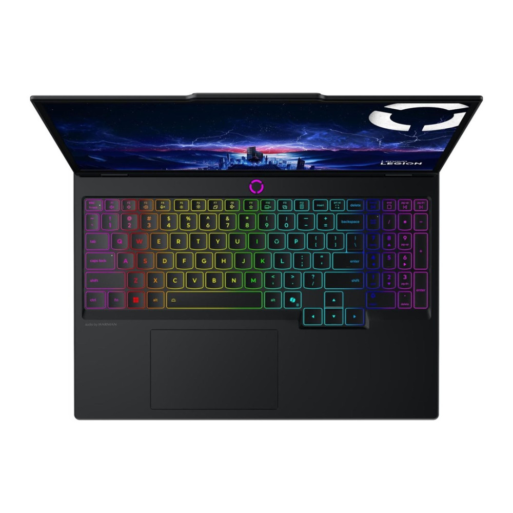 Widok z góry na czarny laptop z podświetlaną tęczowo klawiaturą i ciemną tapetą.