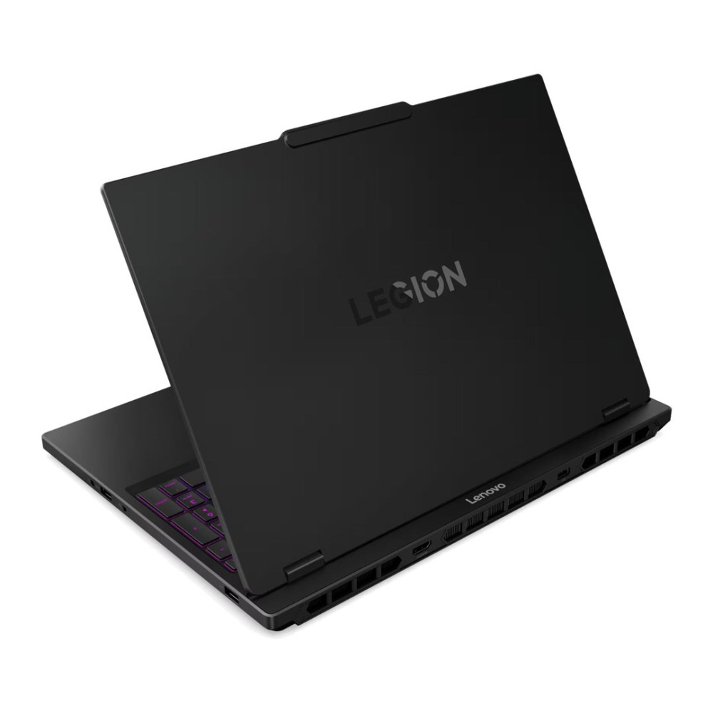 Czarny laptop dla graczy Lenovo Legion widziany od tyłu, z logo i portami na białym tle.