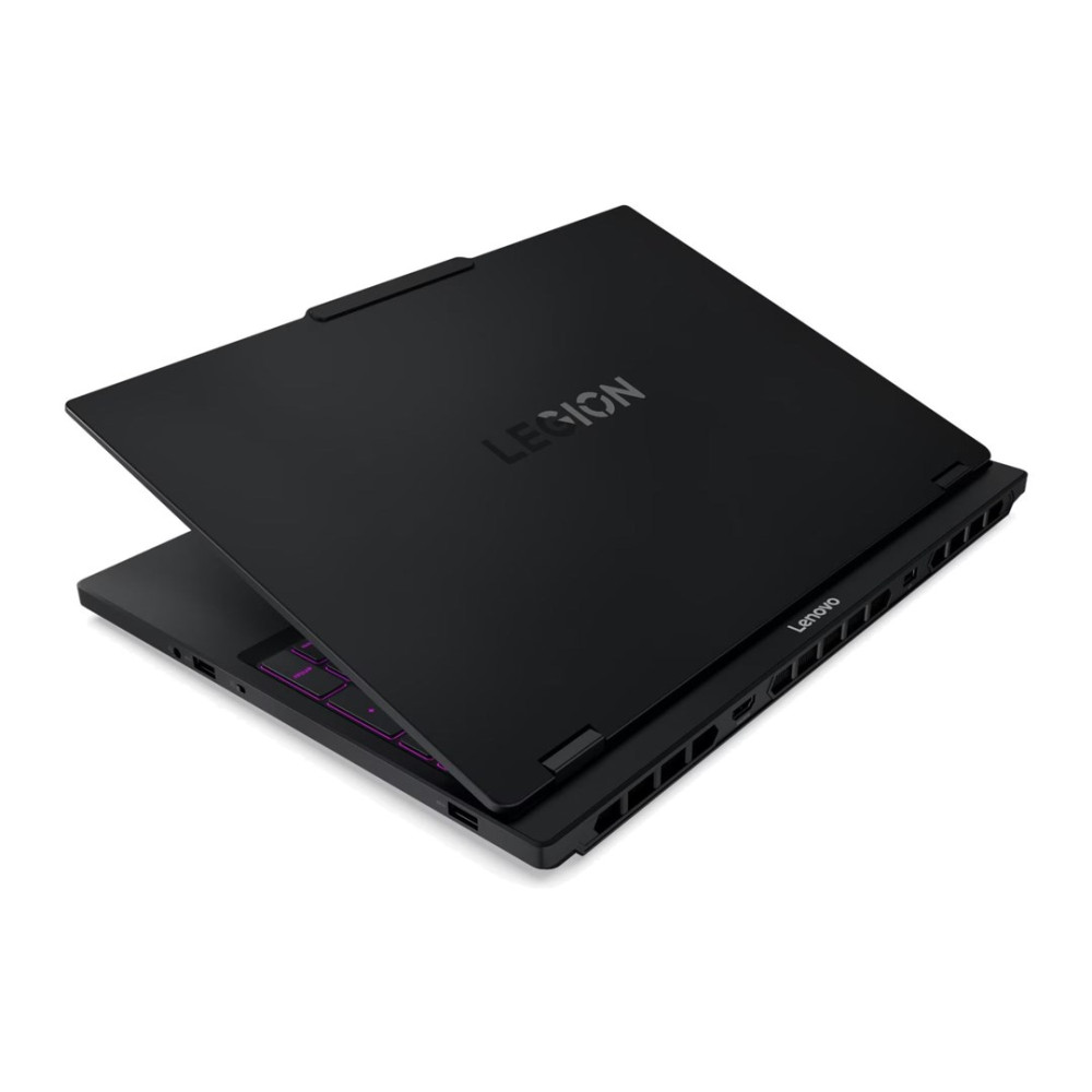 Czarny laptop dla graczy Lenovo Legion z częściowo otwartą klapą na białym tle.