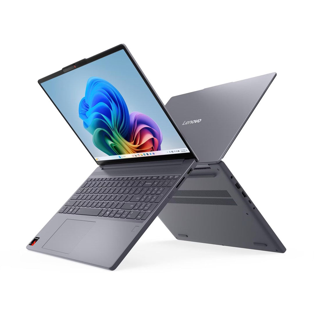 Szary laptop Lenovo z kolorowym ekranem, pokazany w widoku otwartym i zamkniętym na białym tle.