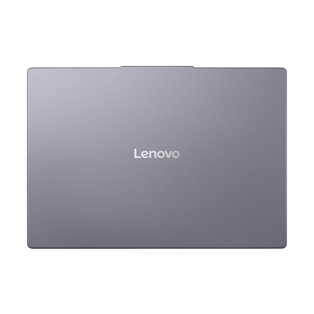 Zamknięta szara pokrywa laptopa Lenovo widziana z góry, z logo Lenovo na środku.