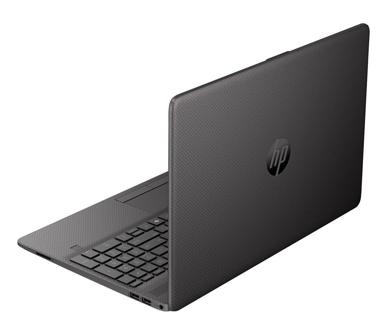 Szary laptop HP z teksturowaną powierzchnią i otwartym ekranem na białym tle.