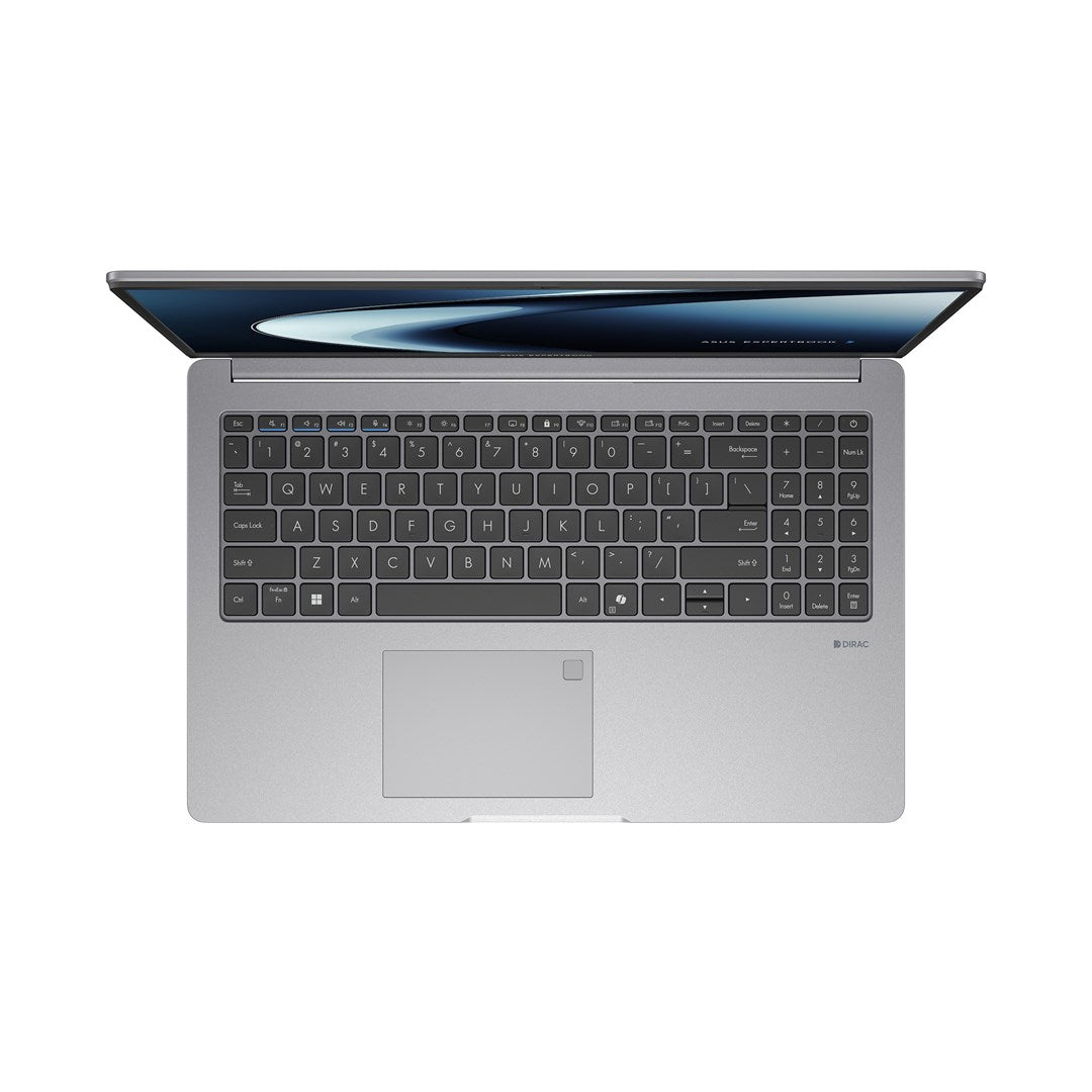 Szary laptop z klawiaturą QWERTY od góry, widoczny ekran i touchpad.