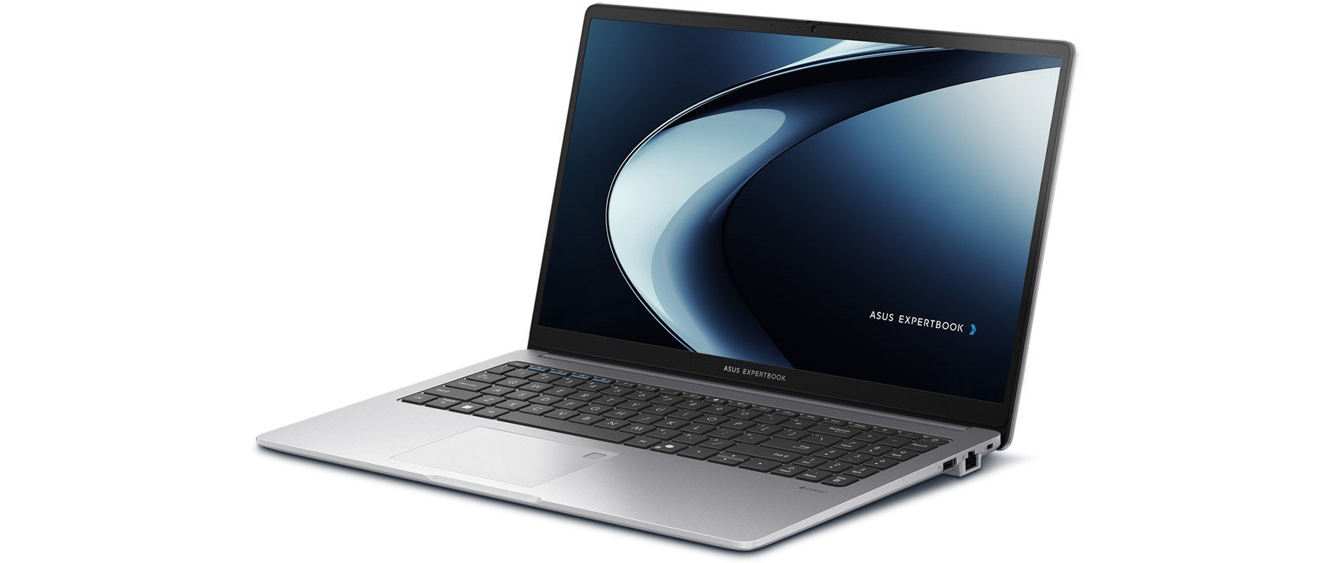 Srebrny laptop Asus ExpertBook jest otwarty na białym tle, z niebieską tapetą.