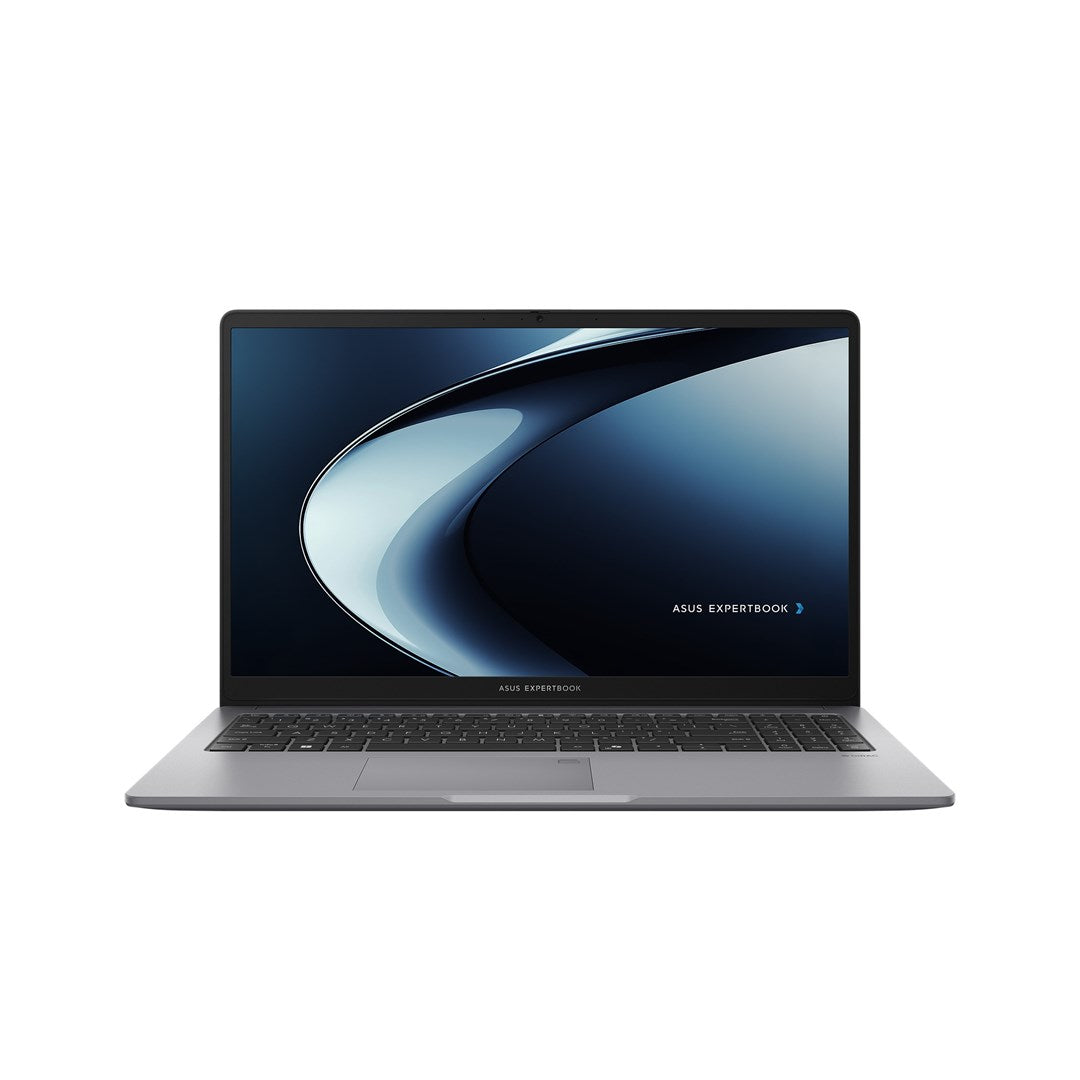 Szary laptop ASUS ExpertBook otwarty na białym tle.