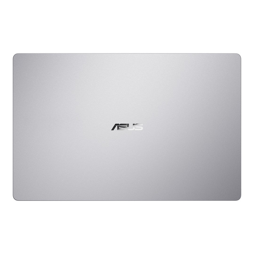 Zamknięty srebrny laptop z logo Asus pośrodku na białej powierzchni.