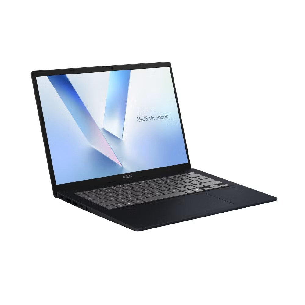 Czarny laptop ASUS Vivobook na białym tle z niebieską grafiką ekranową.