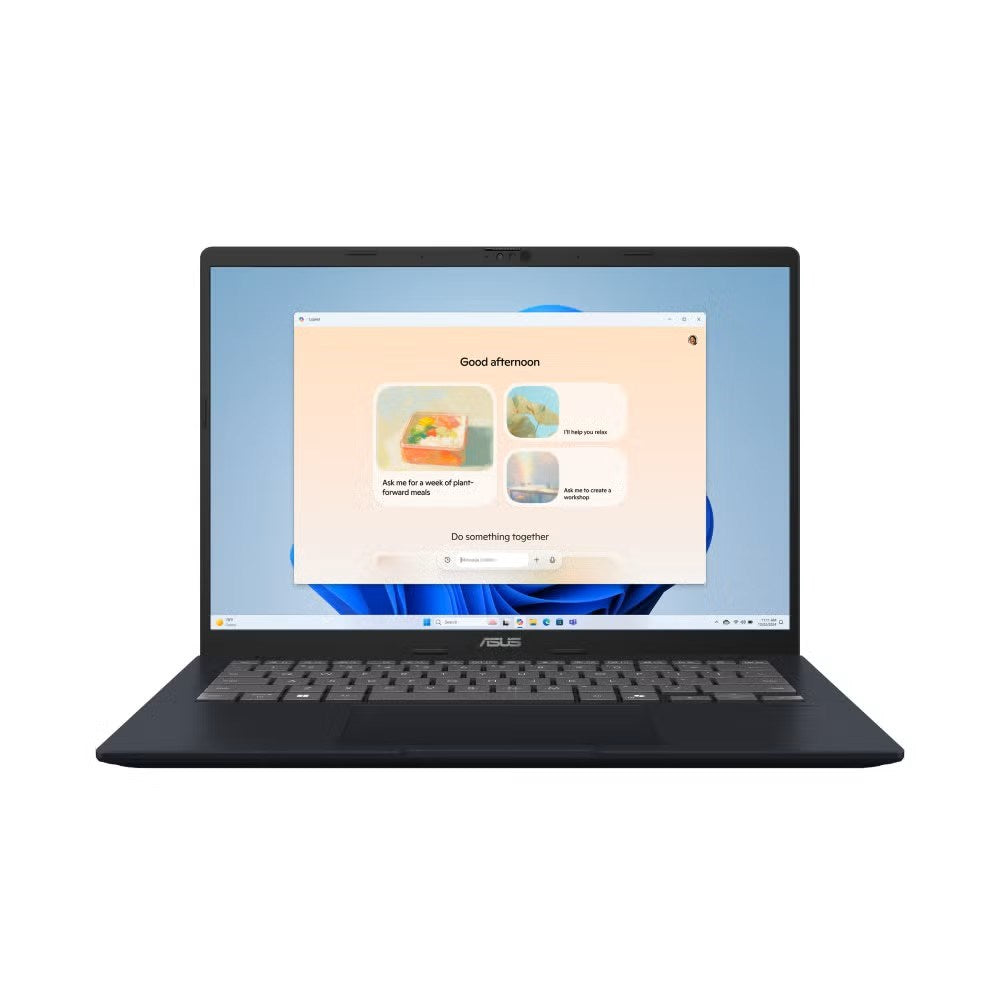 Czarny laptop ASUS z oknem powitalnym i sugestiami planowania posiłków na ekranie.