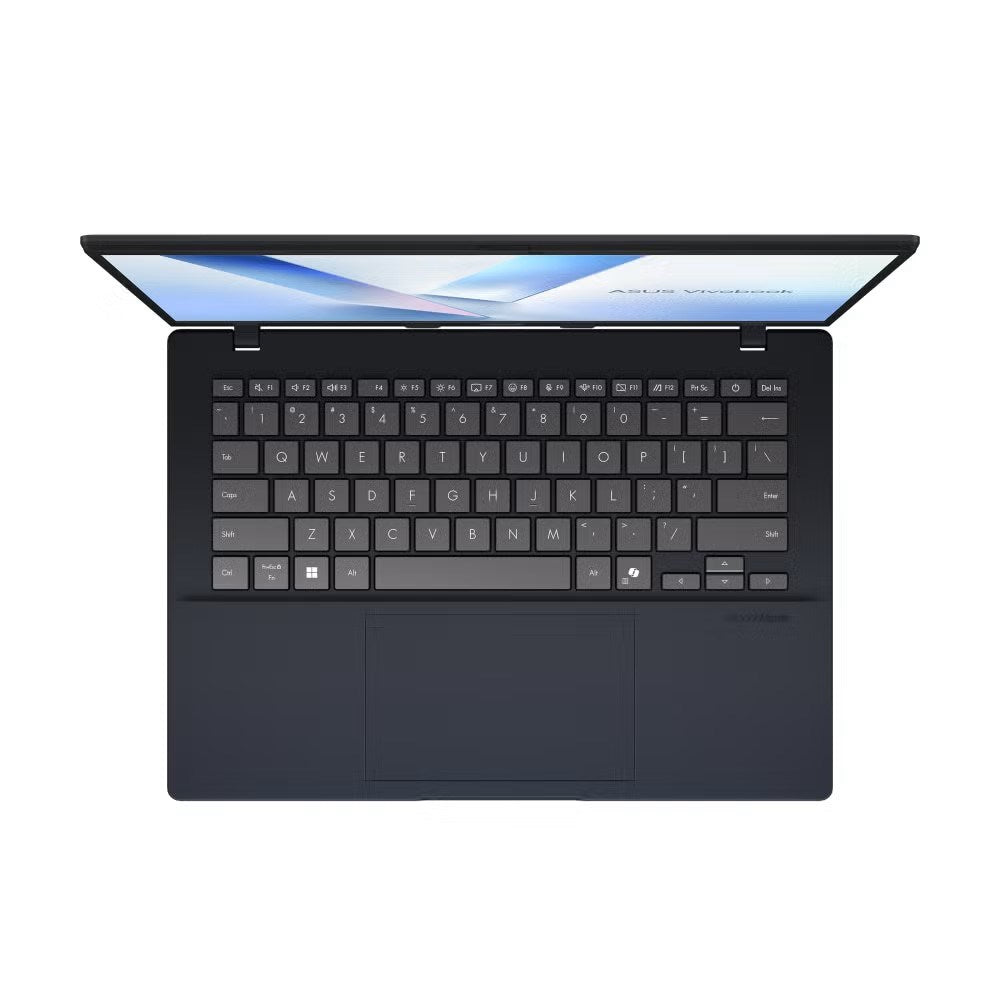 Widok z góry na czarny laptop z klawiaturą i jasnym ekranem.