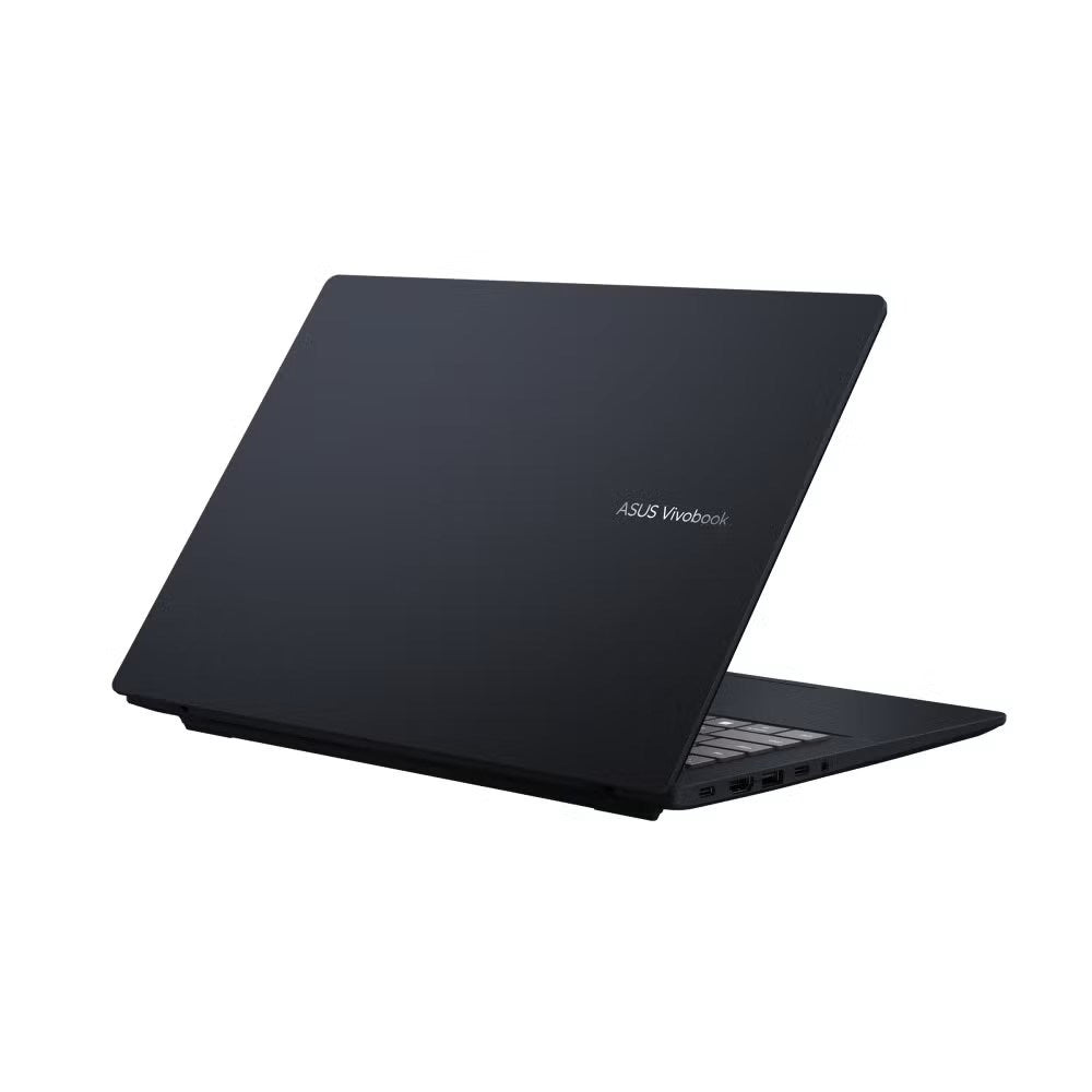 Czarny laptop Asus Vivobook jest pokazany jako zamknięty na białej powierzchni.