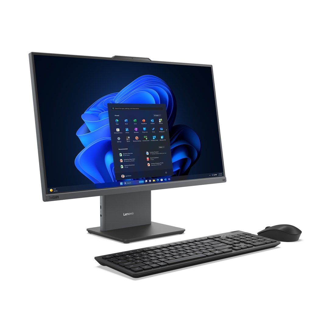 Szary komputer all-in-one Lenovo z czarną klawiaturą i myszą na białym tle.