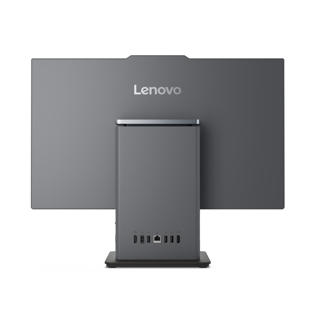 Tył szarego monitora Lenovo z podstawą i widocznymi portami.