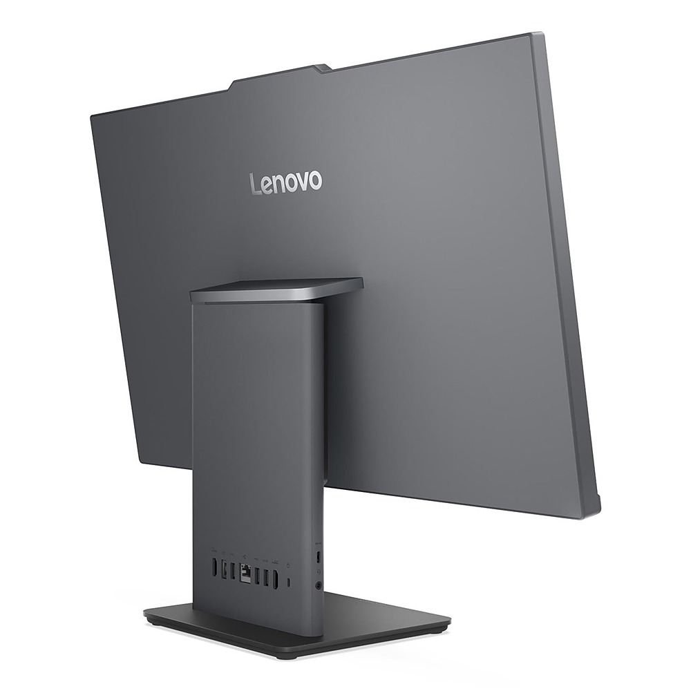 Szary monitor Lenovo widziany od tyłu, ze stojakiem i wbudowanymi portami.