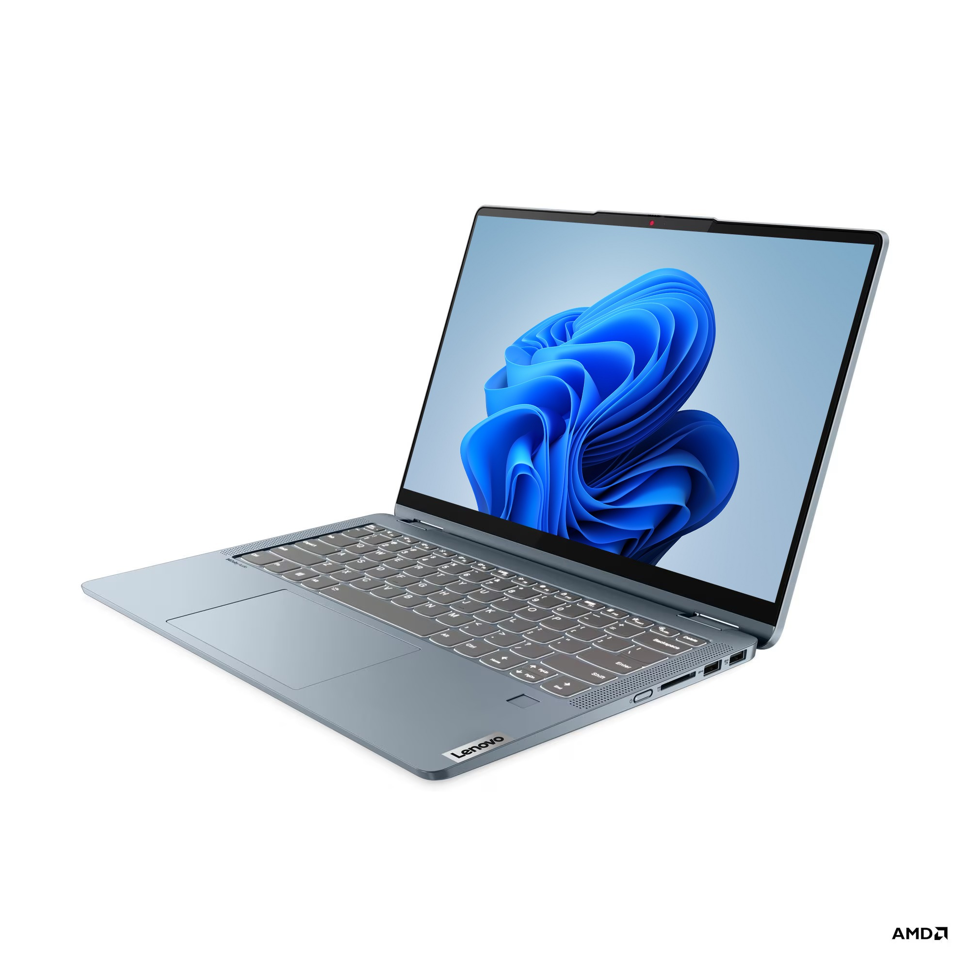 Beyaz arka plan üzerinde gri bir Lenovo dizüstü bilgisayar, ekranında mavi soyut bir duvar kağıdı var.