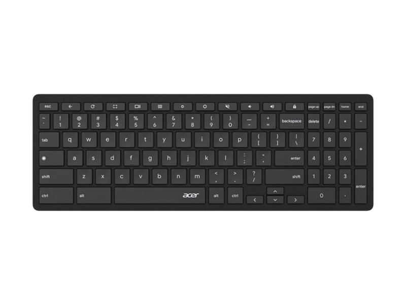 Eine schwarze kabellose Acer-Tastatur mit Ziffernblock vor weißem Hintergrund.