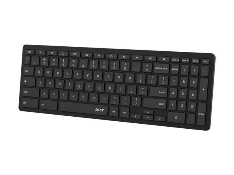 Eine schwarze kabellose Acer-Tastatur mit Ziffernblock auf weißem Hintergrund.