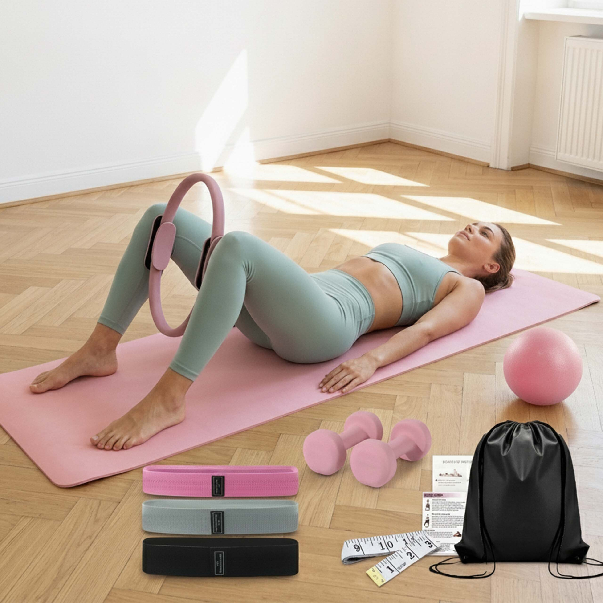 Eine Frau in Sportkleidung liegt auf einer rosa Matte und trainiert mit einem Pilates-Ring. Dazu gehören Hanteln, Bänder und ein Ball.