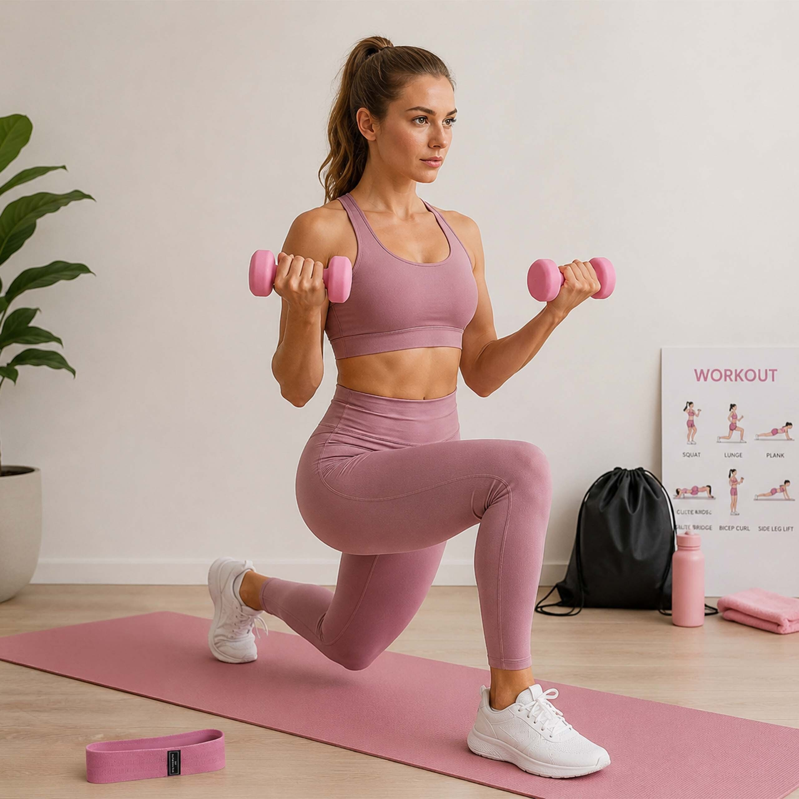 Eine Frau in pinker Sportkleidung macht Ausfallschritte mit pinken Hanteln auf einer Matte, mit Pflanze und Poster.