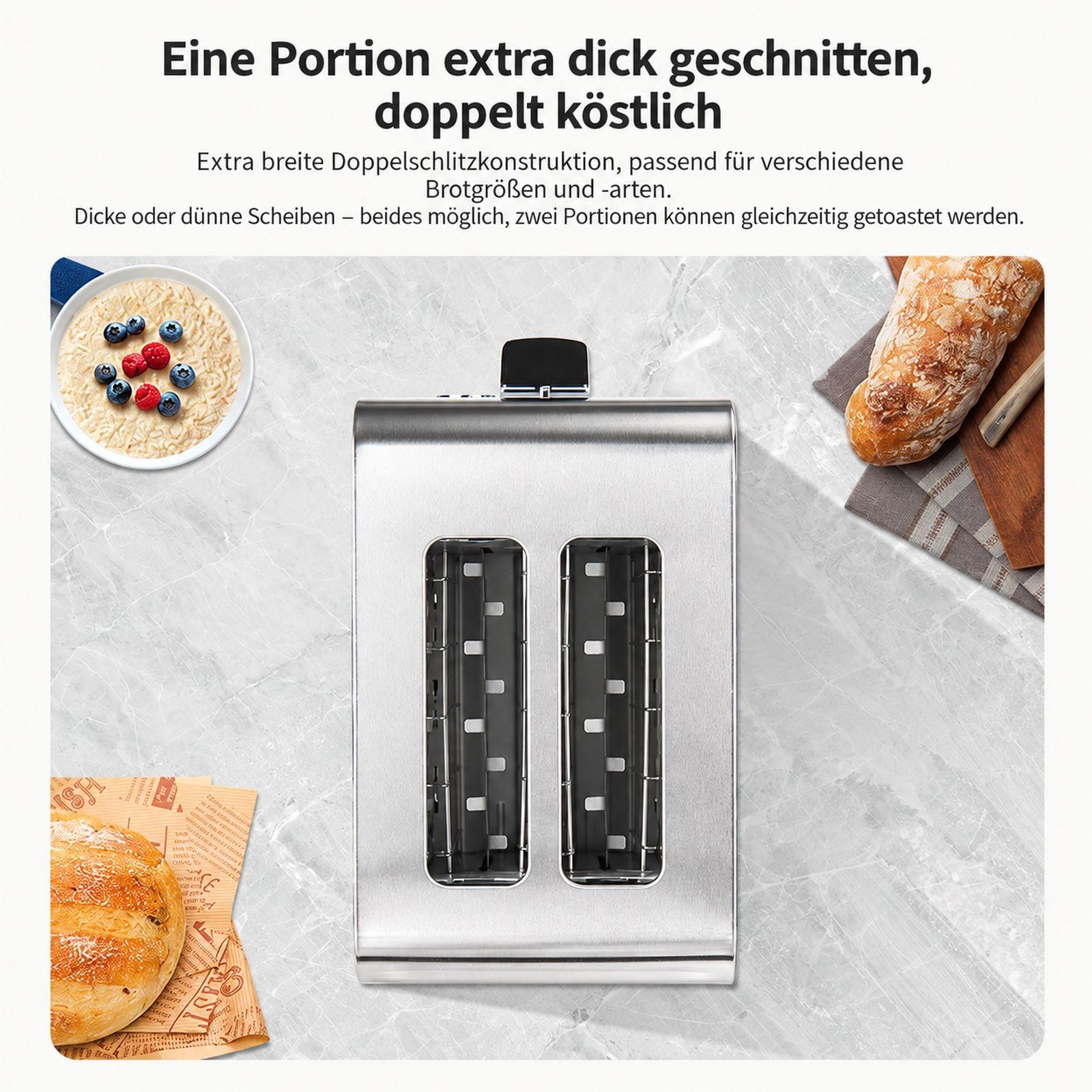 Edelstahl-Toaster mit zwei breiten Schlitzen auf einem Marmortisch, umgeben von Brot und Müsli.
