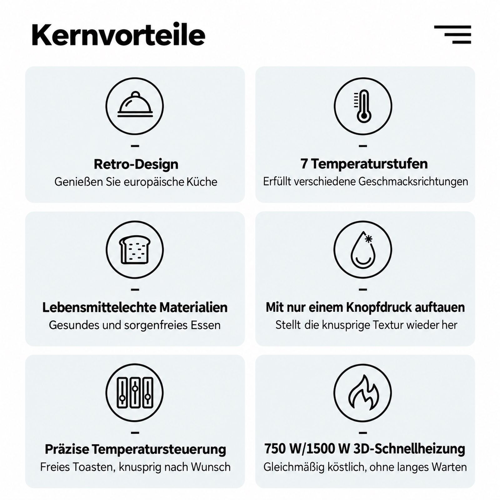 Sechs Produktvorteile im Raster mit Symbolen und deutschem Text.