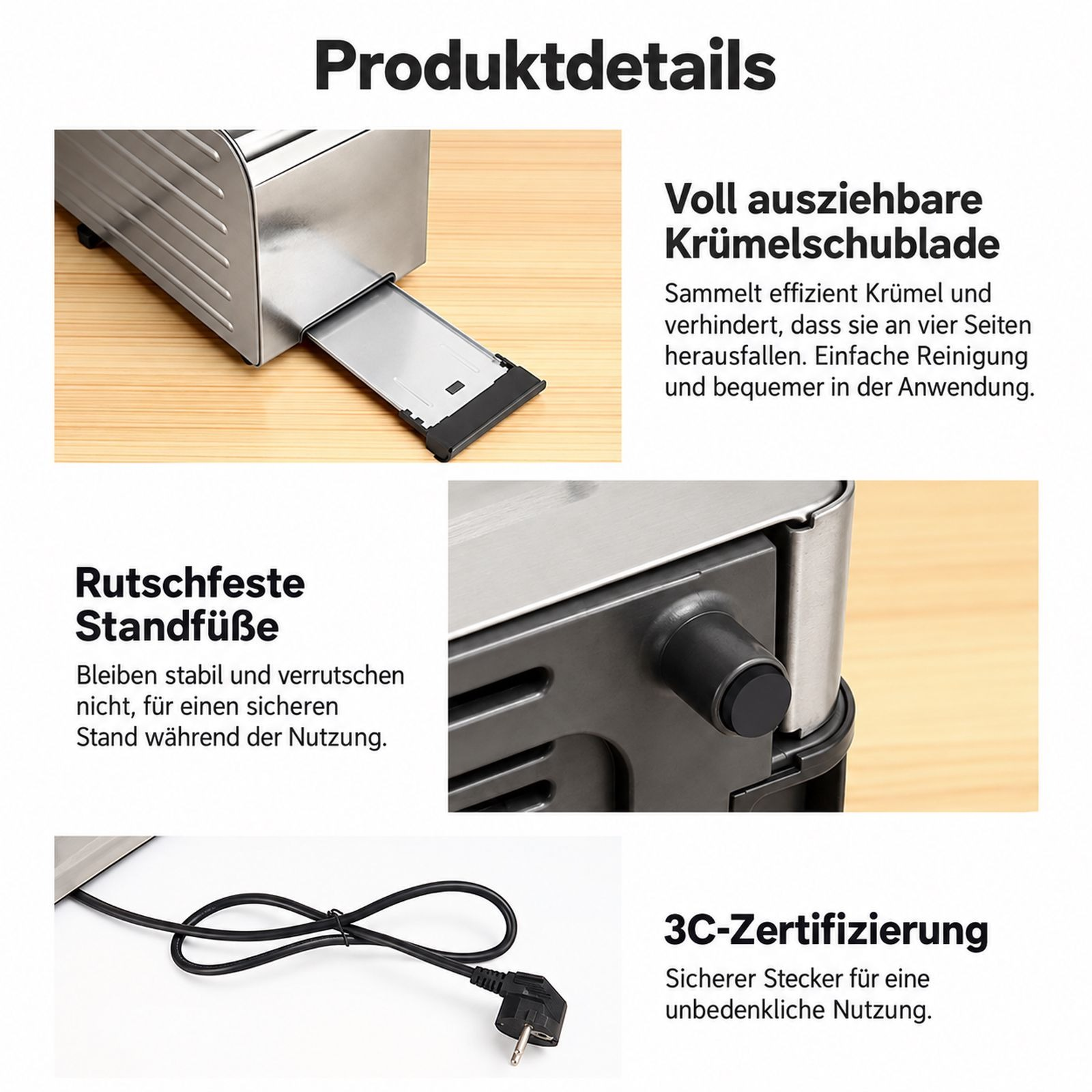 Produktdetails mit Krümelschublade, rutschfesten Füßen und zertifiziertem Netzkabel.