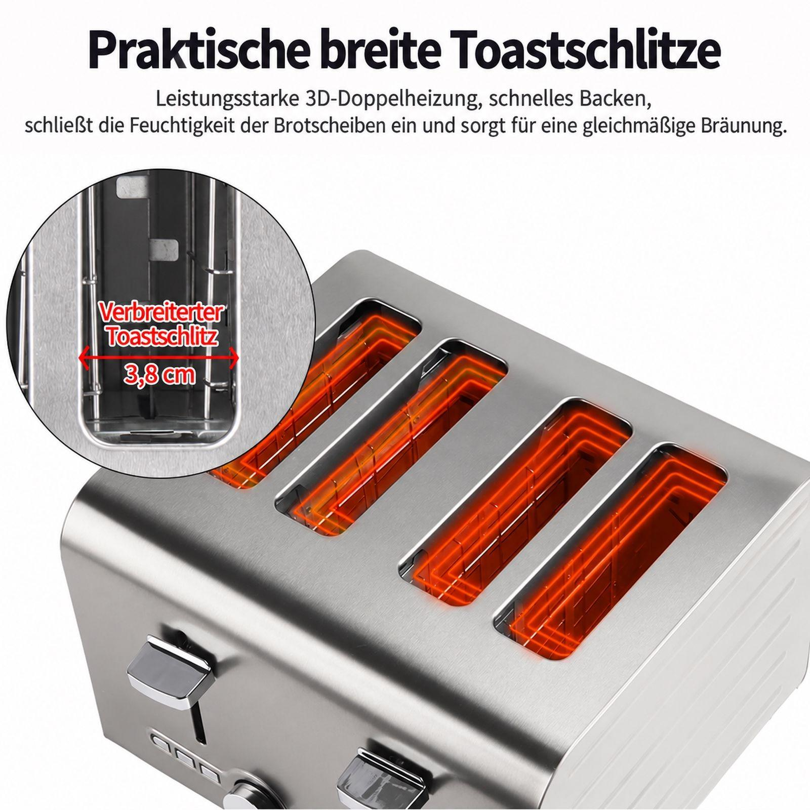 Edelstahl-Toaster mit vier breiten Schlitzen und glühenden Heizelementen.