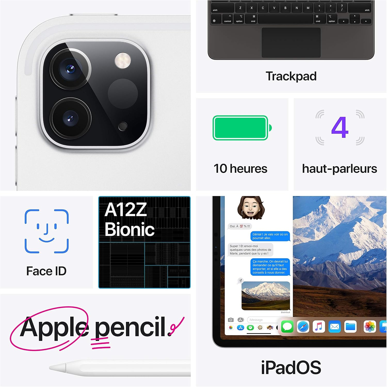 Verschiedene iPad-Funktionen wie Kameras, Trackpad, A12Z-Chip, Face ID und Apple Pencil in einer Collage.