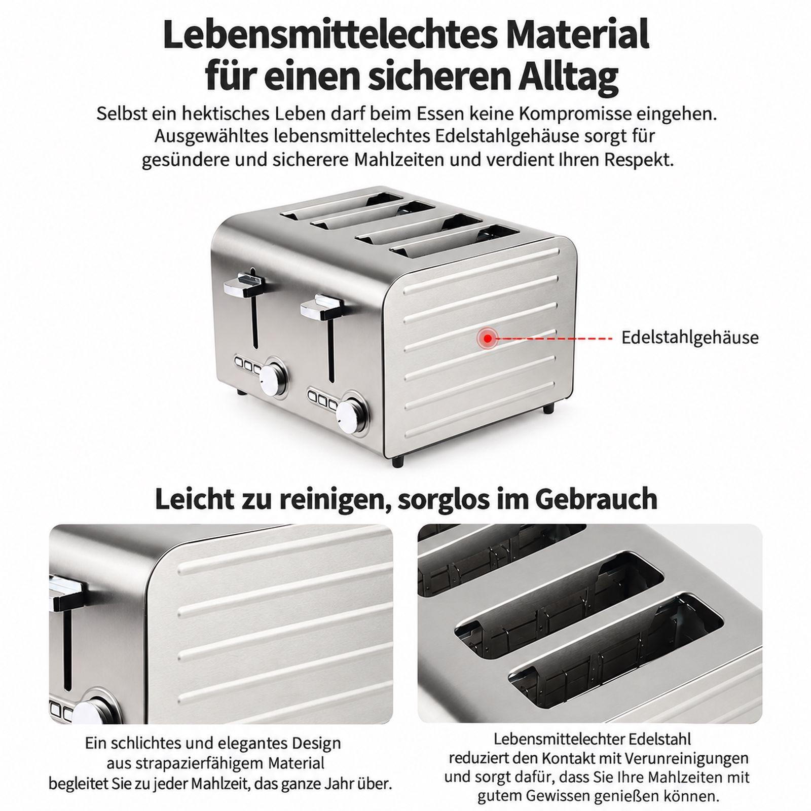 Ein edler vier-Scheiben-Toaster aus lebensmittelechtem Edelstahl mit deutscher Produktbeschreibung.