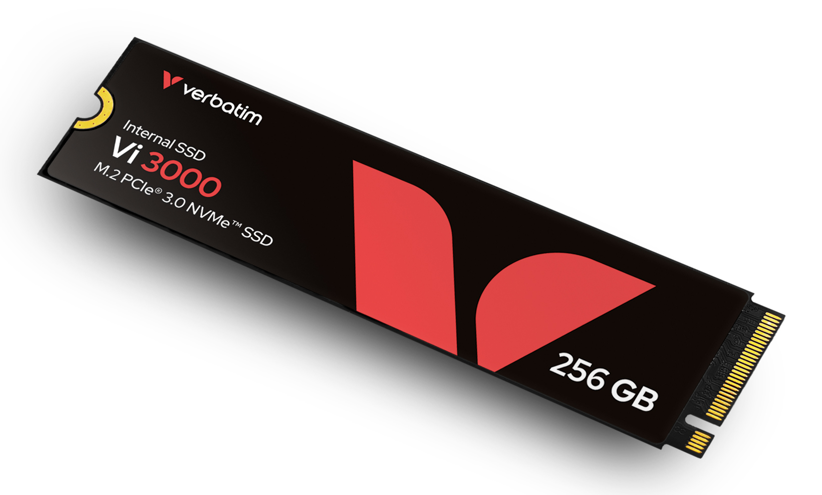 Wewnętrzny dysk SSD Verbatim Vi3000 M.2 PCIe 3.0 NVMe 256 GB w kolorze czarnym z czerwonym logo na białym tle.