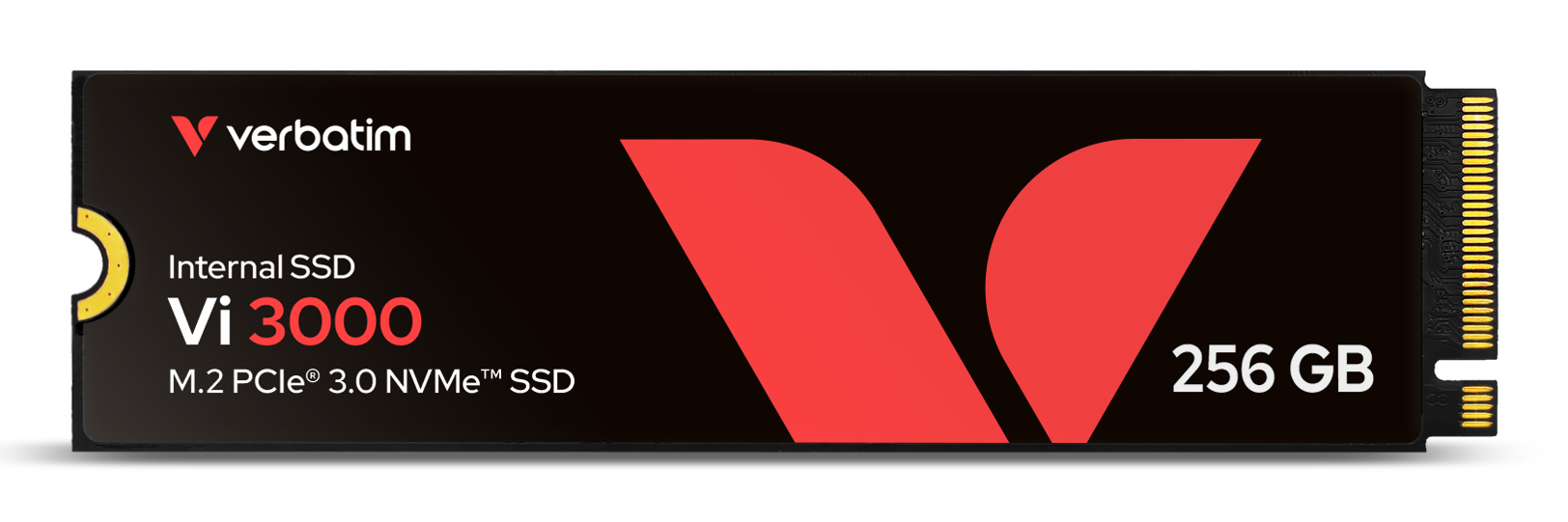 Wewnętrzny dysk SSD Verbatim Vi3000 256GB M.2 PCIe 3.0 NVMe z czarnym designem i czerwonym logo na białym tle.