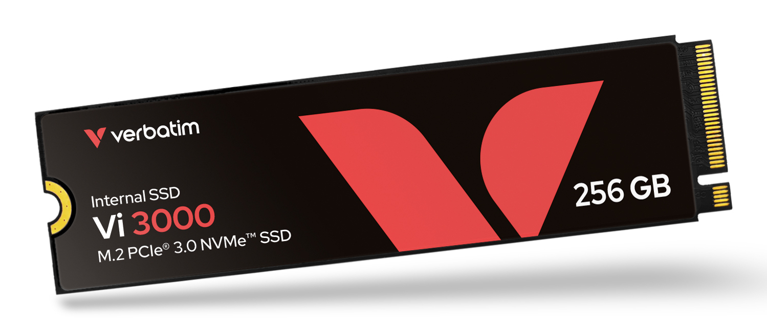 Czarny dysk SSD M.2 PCIe 3.0 NVMe Verbatim Vi 3000 256 GB na białym tle.