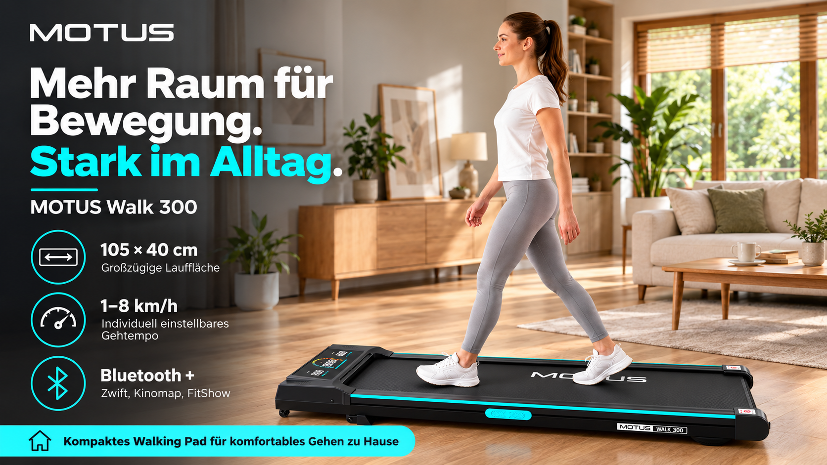 Kobieta chodzi po kompaktowej bieżni MOTUS Walk 300 w nowoczesnym salonie.