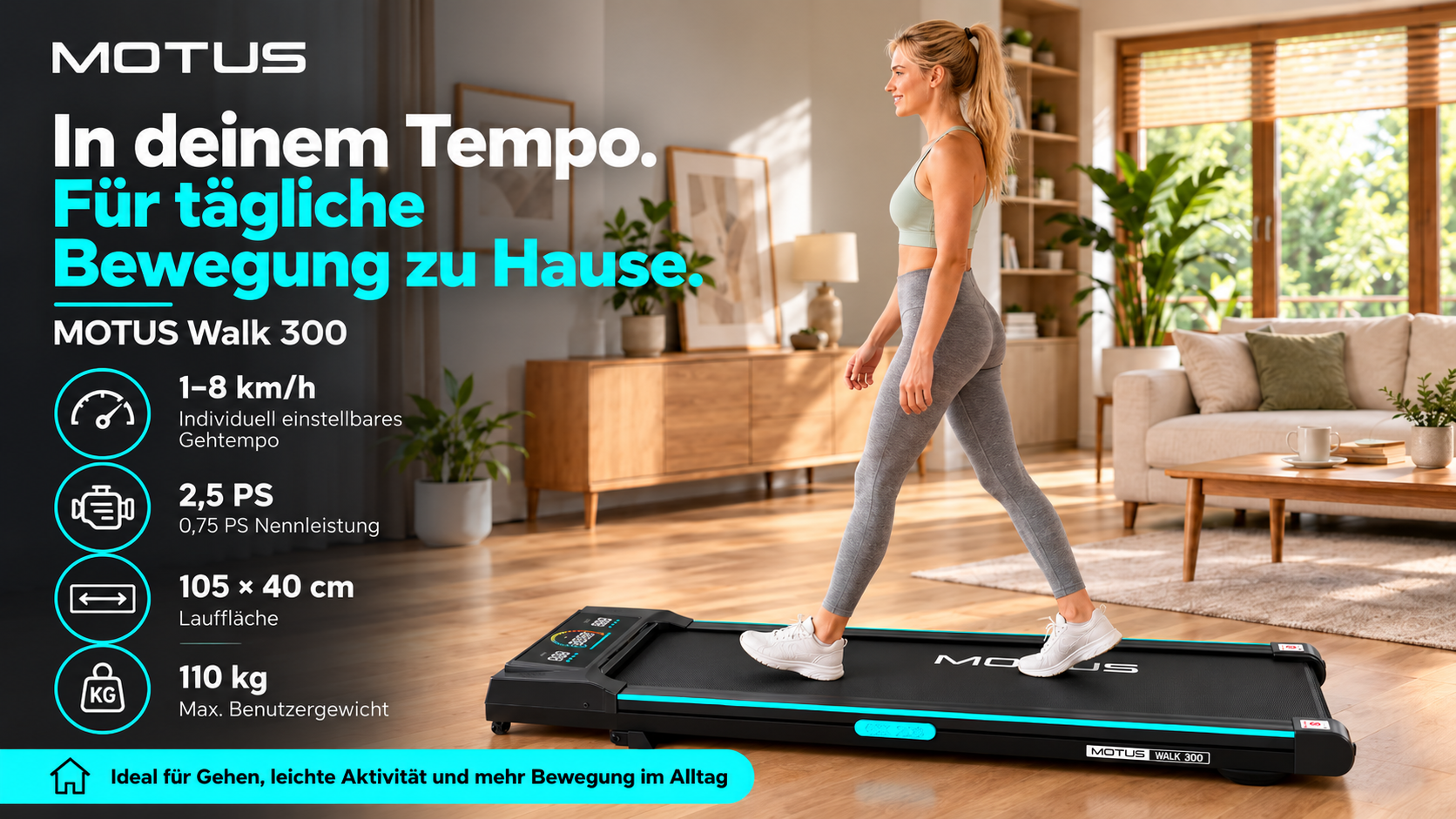 Kobieta spaceruje po bieżni Motus Walk 300 w nowoczesnym salonie.