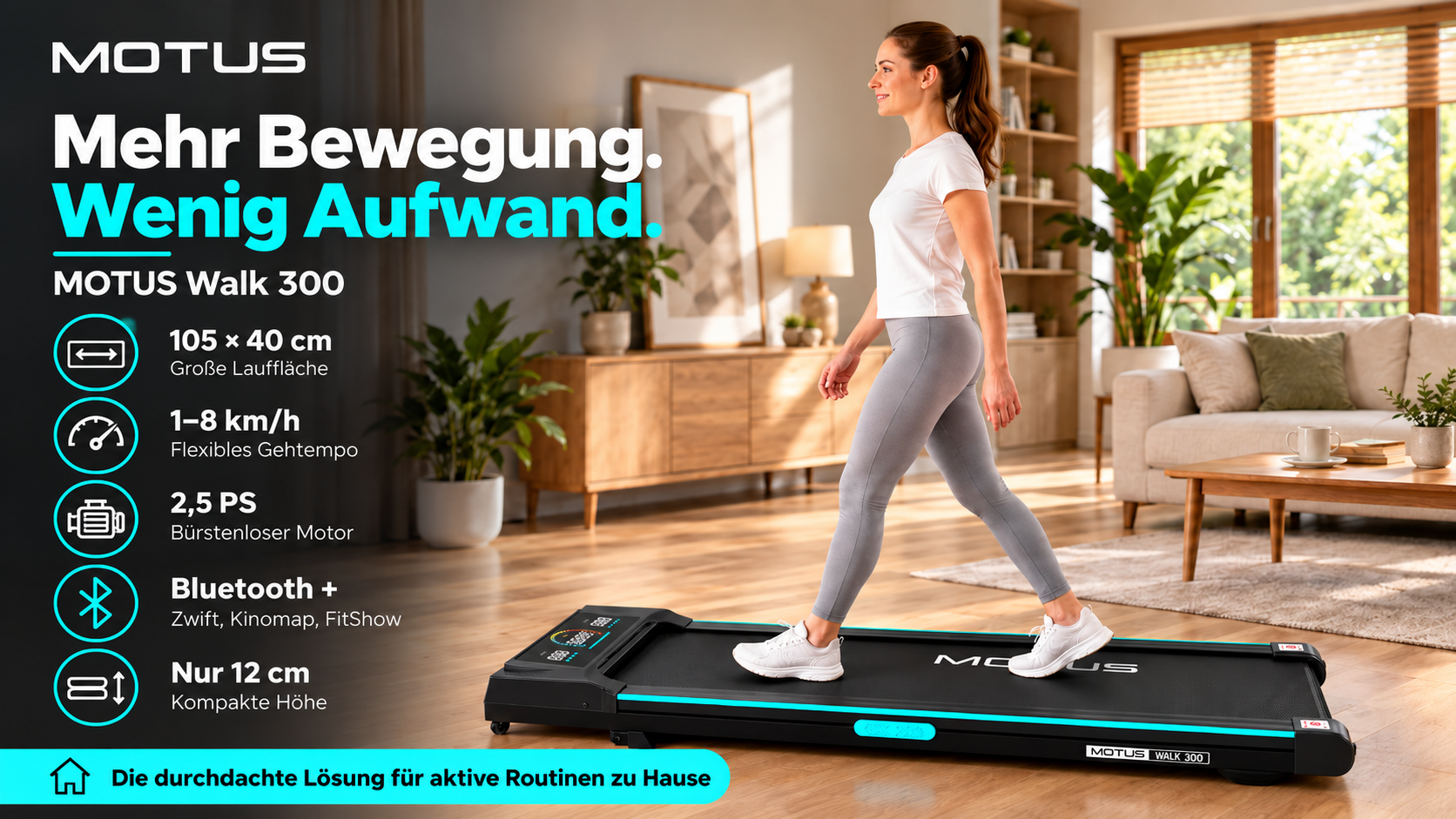 Kobieta w stroju sportowym chodzi po bieżni Motus Walk 300 w jasnym salonie.