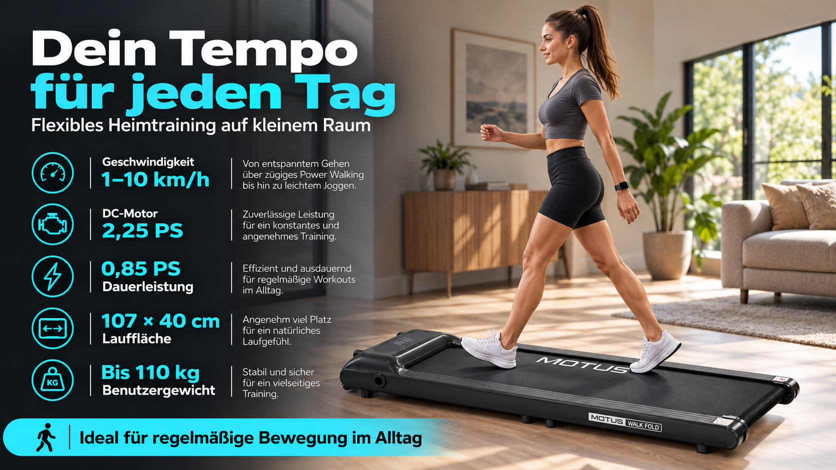 Kobieta ćwiczy w domu na czarnej bieżni Motus Walk Fold, w otoczeniu specyfikacji produktu.