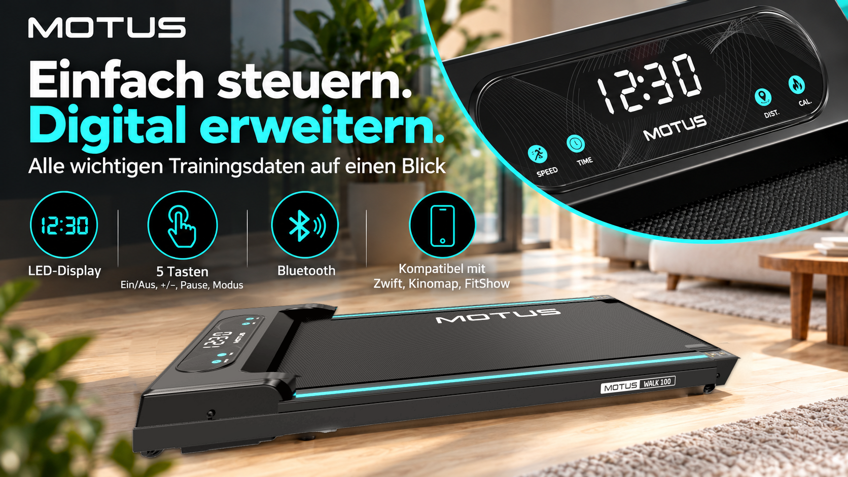 Czarna bieżnia Motus Walk 100 na drewnianej podłodze, z wyświetlaczem LED oraz ikonami Bluetooth i aplikacji.