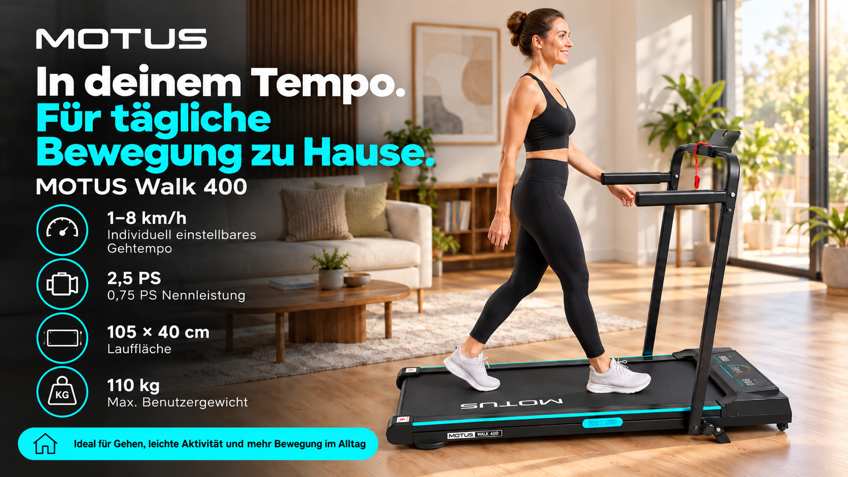 Kobieta w odzieży sportowej chodzi po bieżni Motus Walk 400 w jasnym salonie.