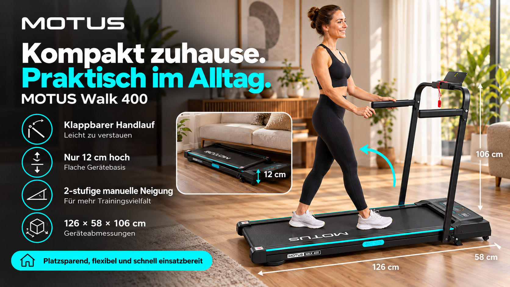 Kobieta używa kompaktowej bieżni MOTUS Walk 400 w jasnym salonie, z wymiarami i napisami.