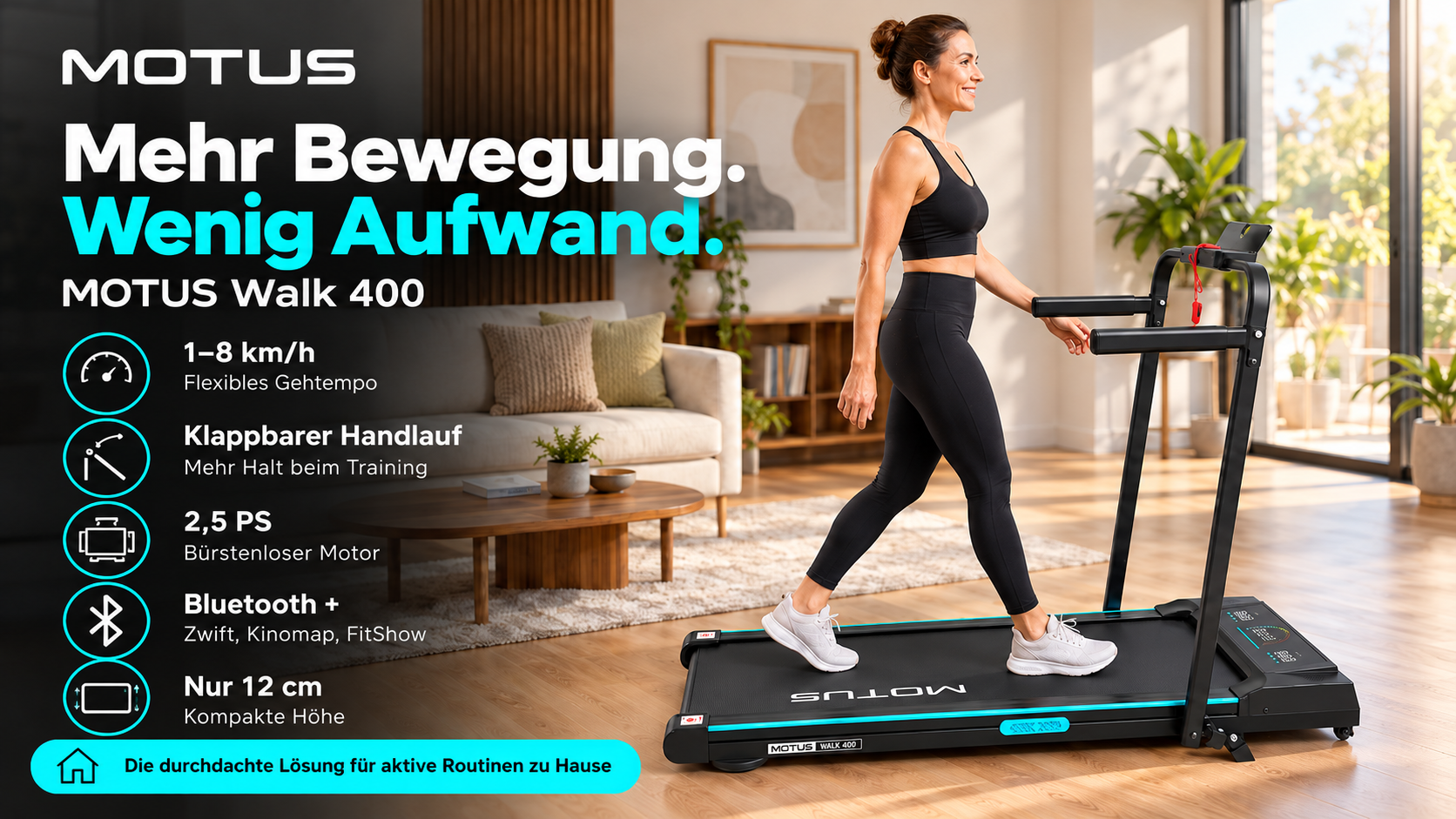 Kobieta chodzi na bieżni Motus Walk 400 w salonie, obok tekstu promocyjnego.