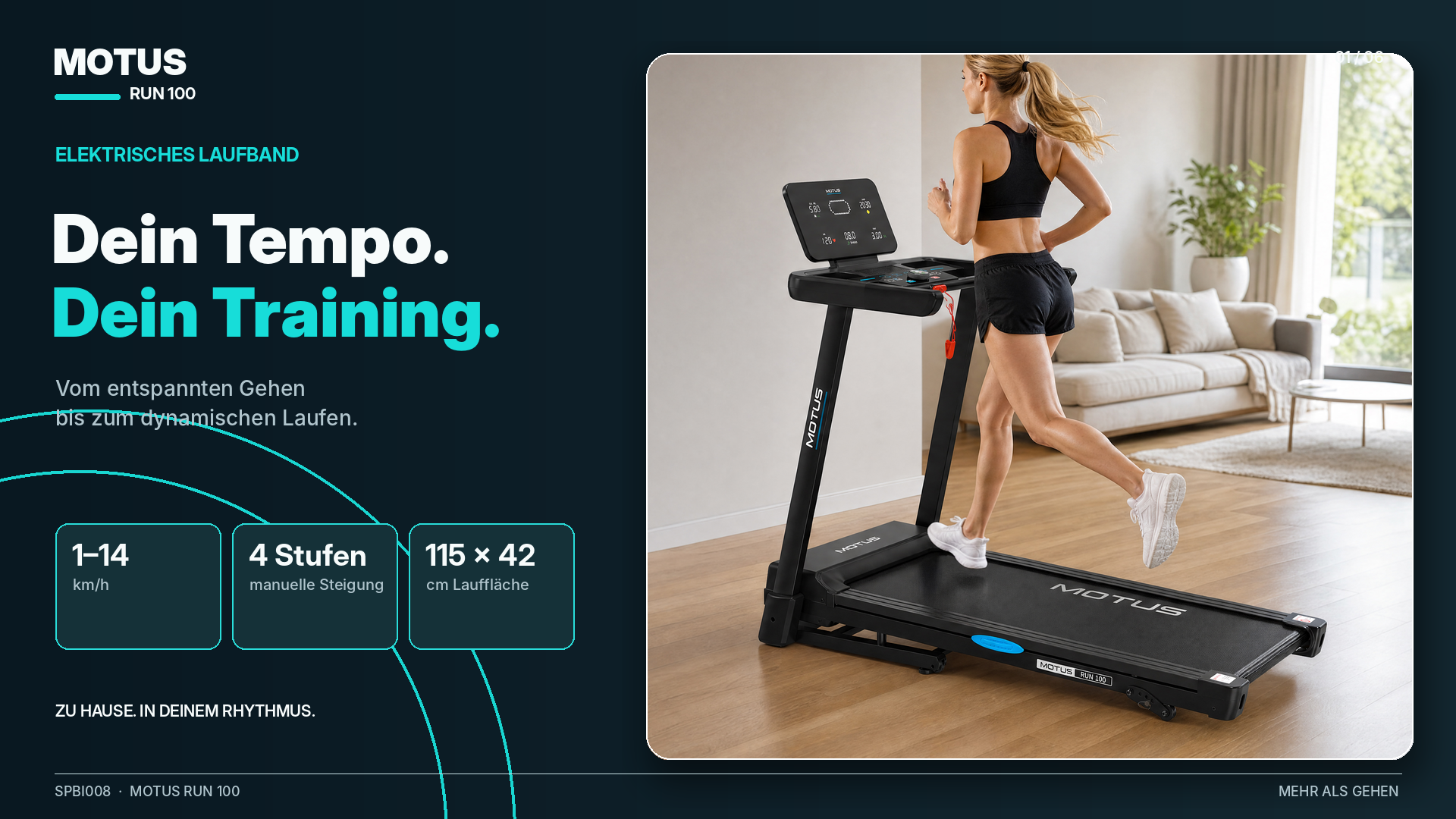Kobieta biegnie na czarnej bieżni Motus Run 100 w jasnym salonie.