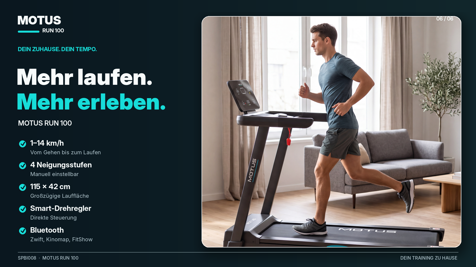 Mężczyzna biega na bieżni MOTUS Run 100 w jasnym salonie.