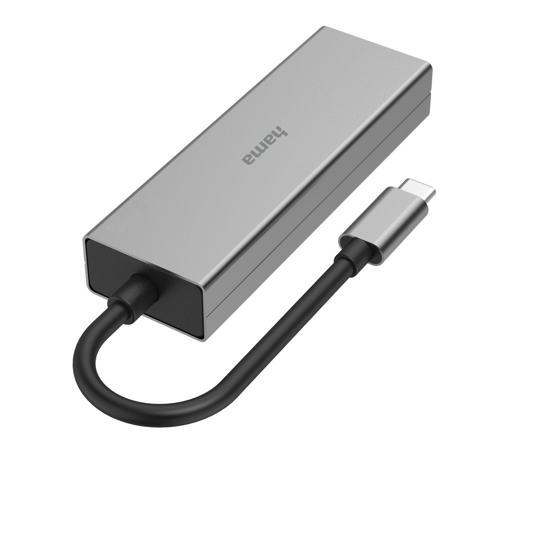 Un hub USB-C argento con cavo e connettore neri, marchio Hama, isolato su sfondo bianco.