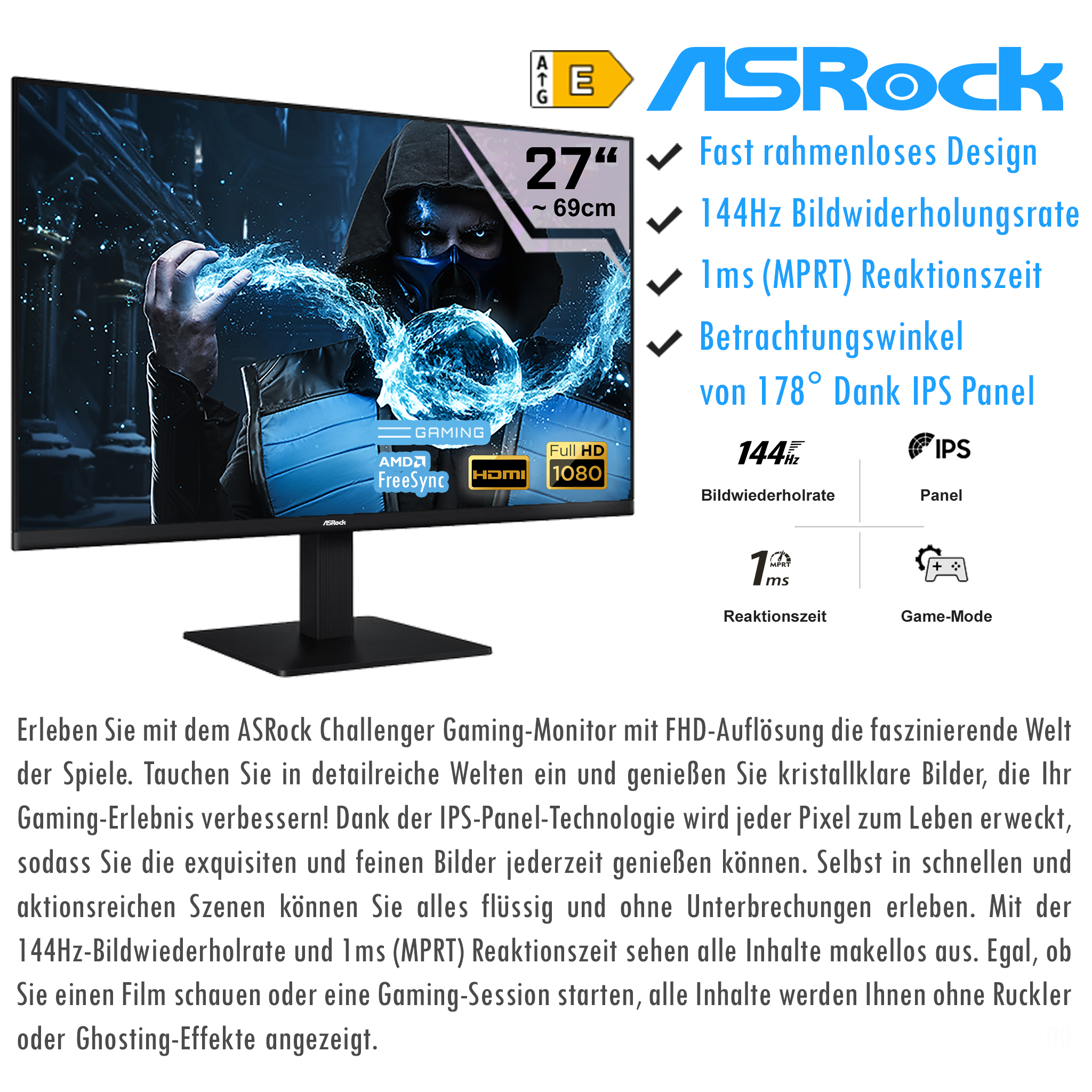 ASRock 27-Zoll-Gaming-Monitor mit IPS-Panel, 144Hz Bildwiederholrate und 1ms Reaktionszeit.