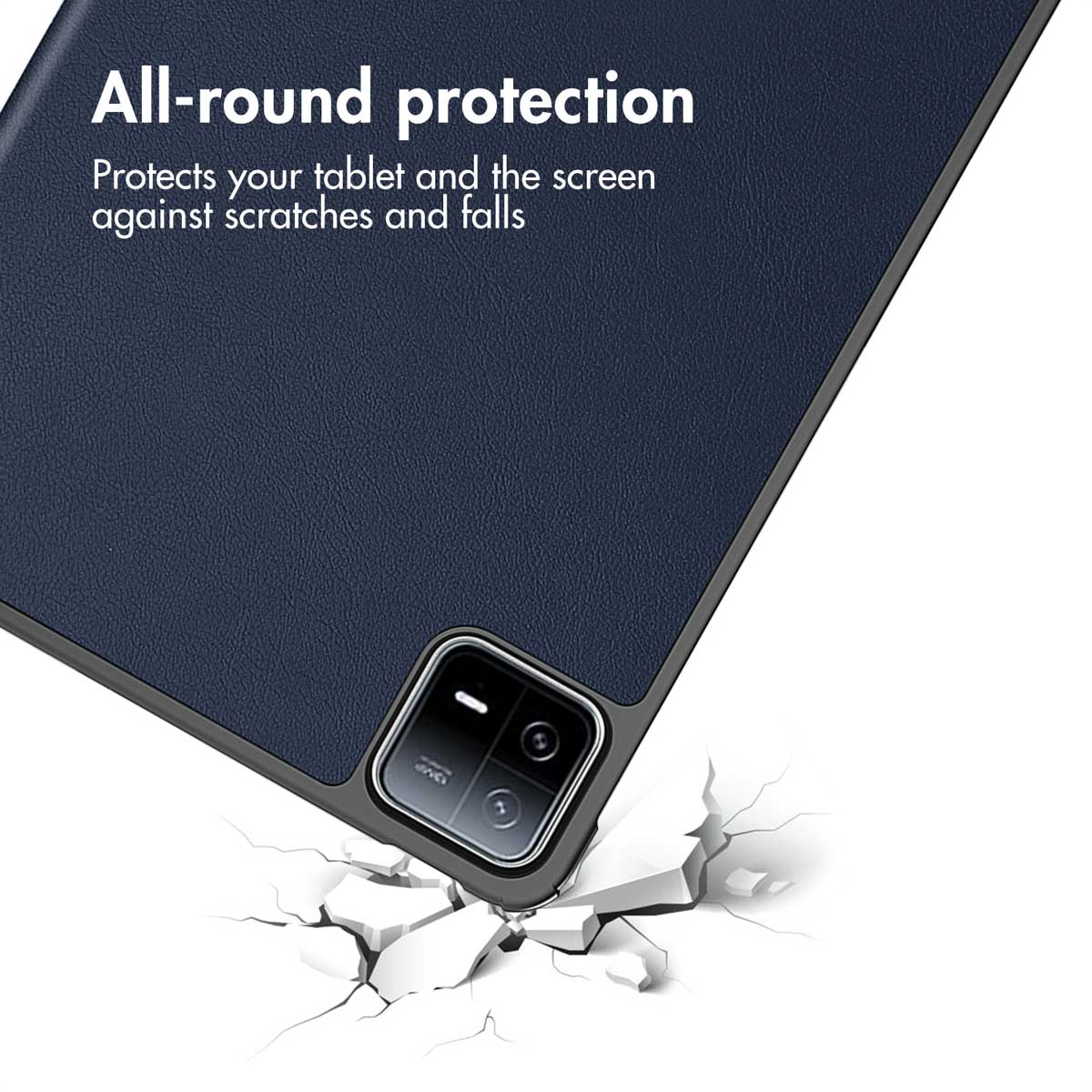 Dark blue tablet case with camera cutout on a white background.