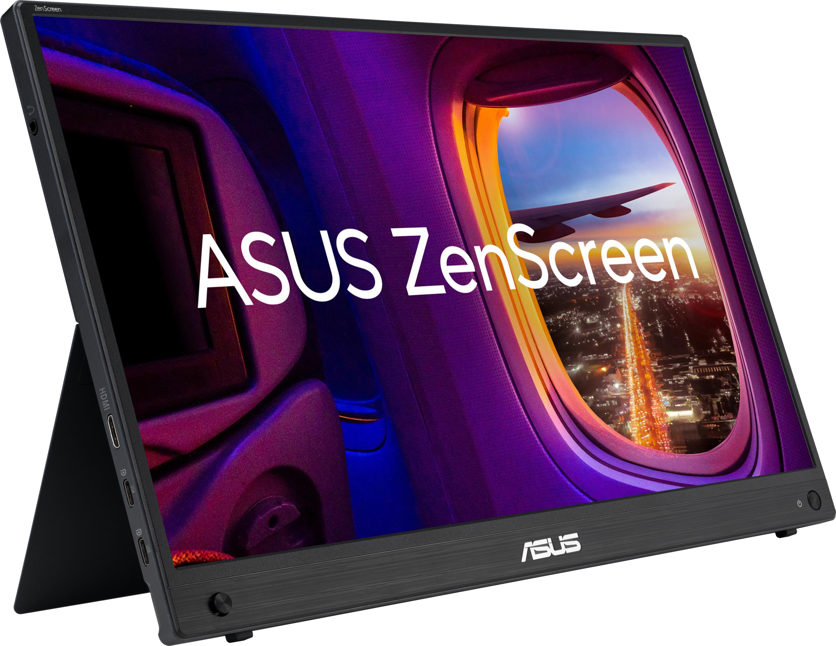Przenośny monitor ASUS ZenScreen wyświetlający widok z okna samolotu na miasto w nocy.