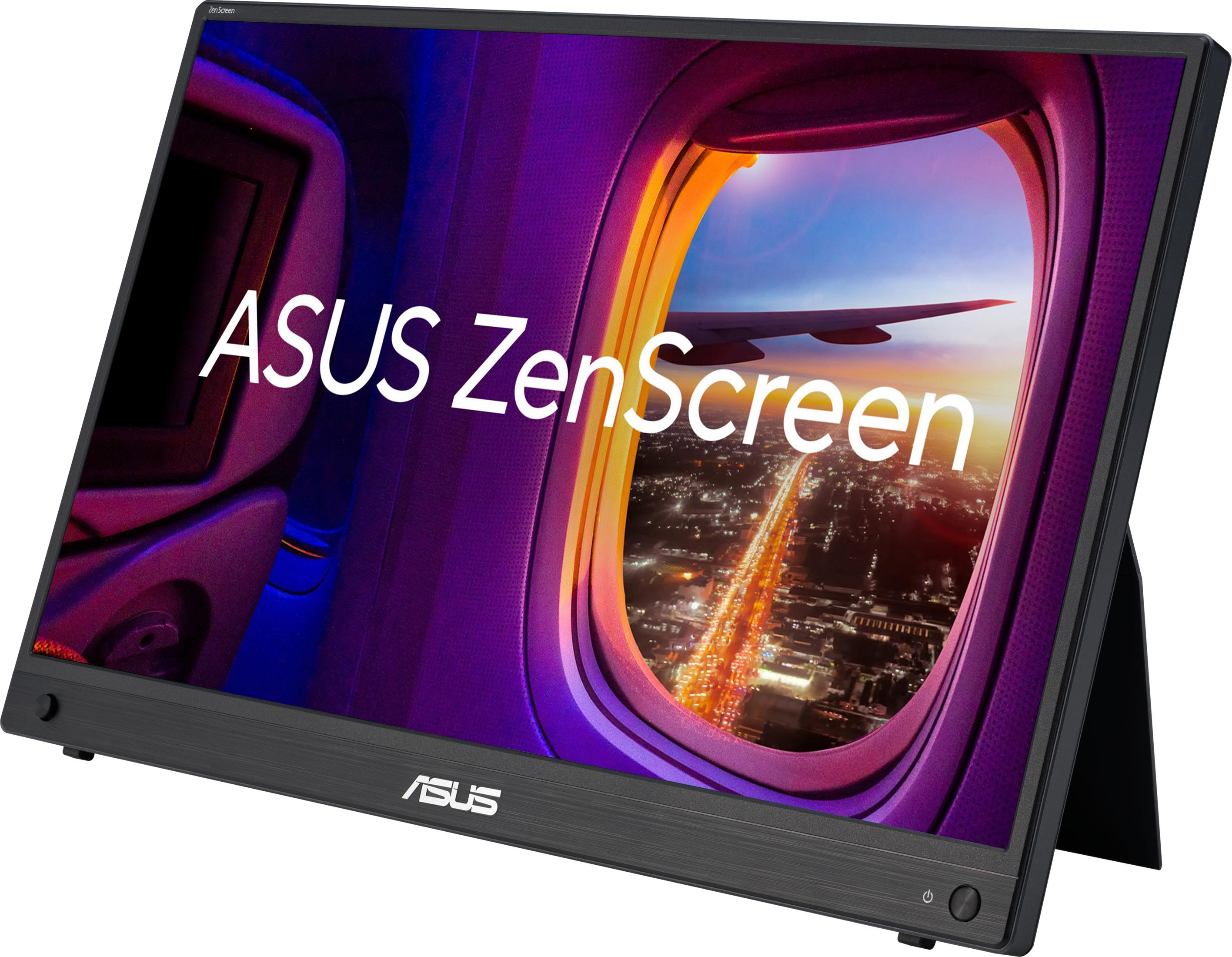 Przenośny monitor ASUS ZenScreen przedstawiający widok z okna samolotu na miasto podczas zachodu słońca.