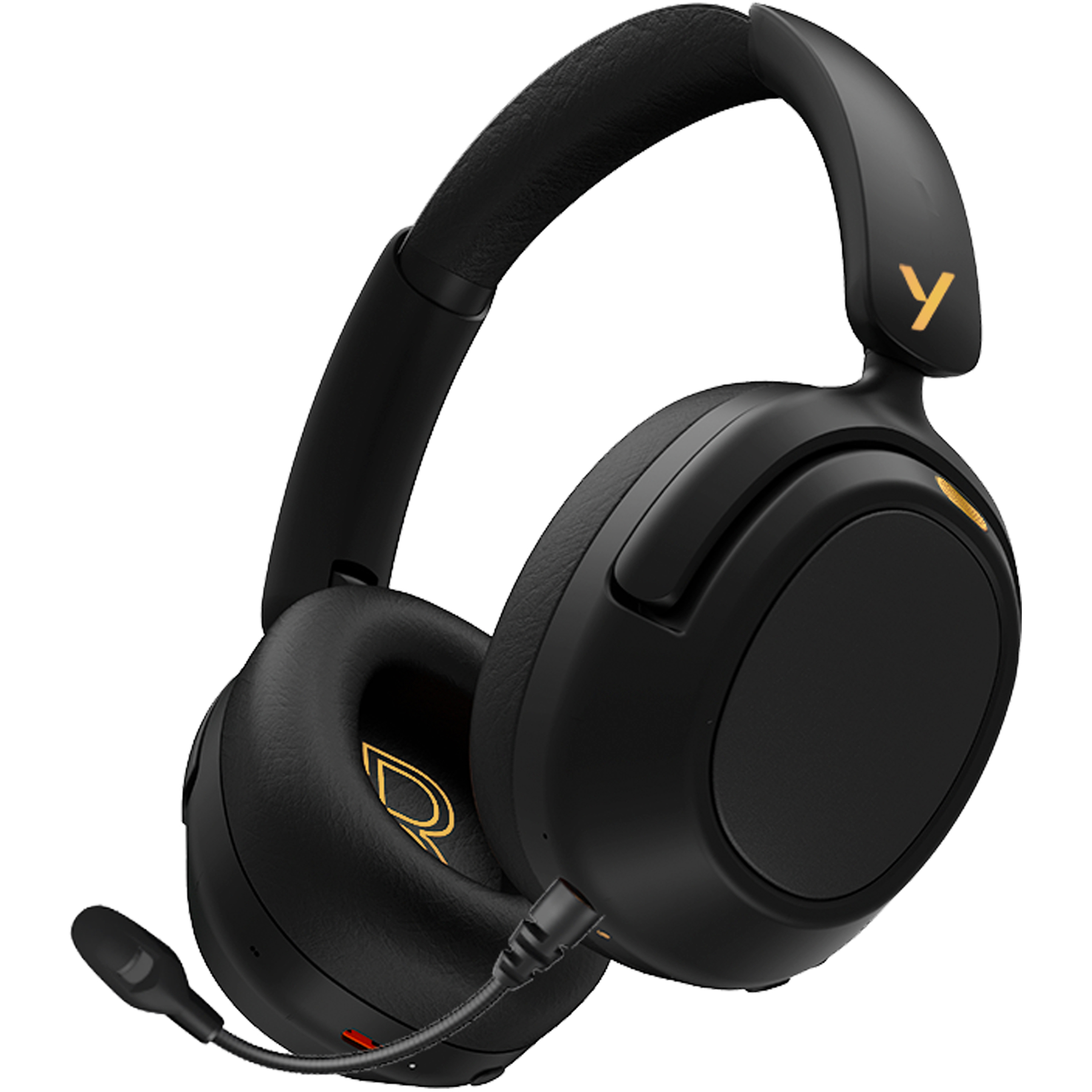 Schwarze Over-Ear-Kopfhörer mit Mikrofon und goldenen Akzenten.