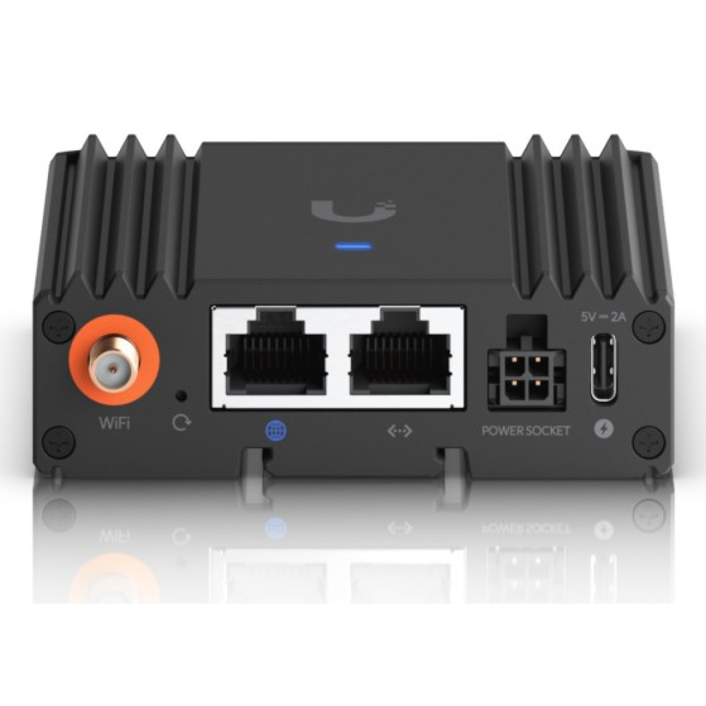 Zwart netwerkapparaat met twee Ethernet-poorten, WiFi-connector, stroomaansluiting en USB-C-poort.