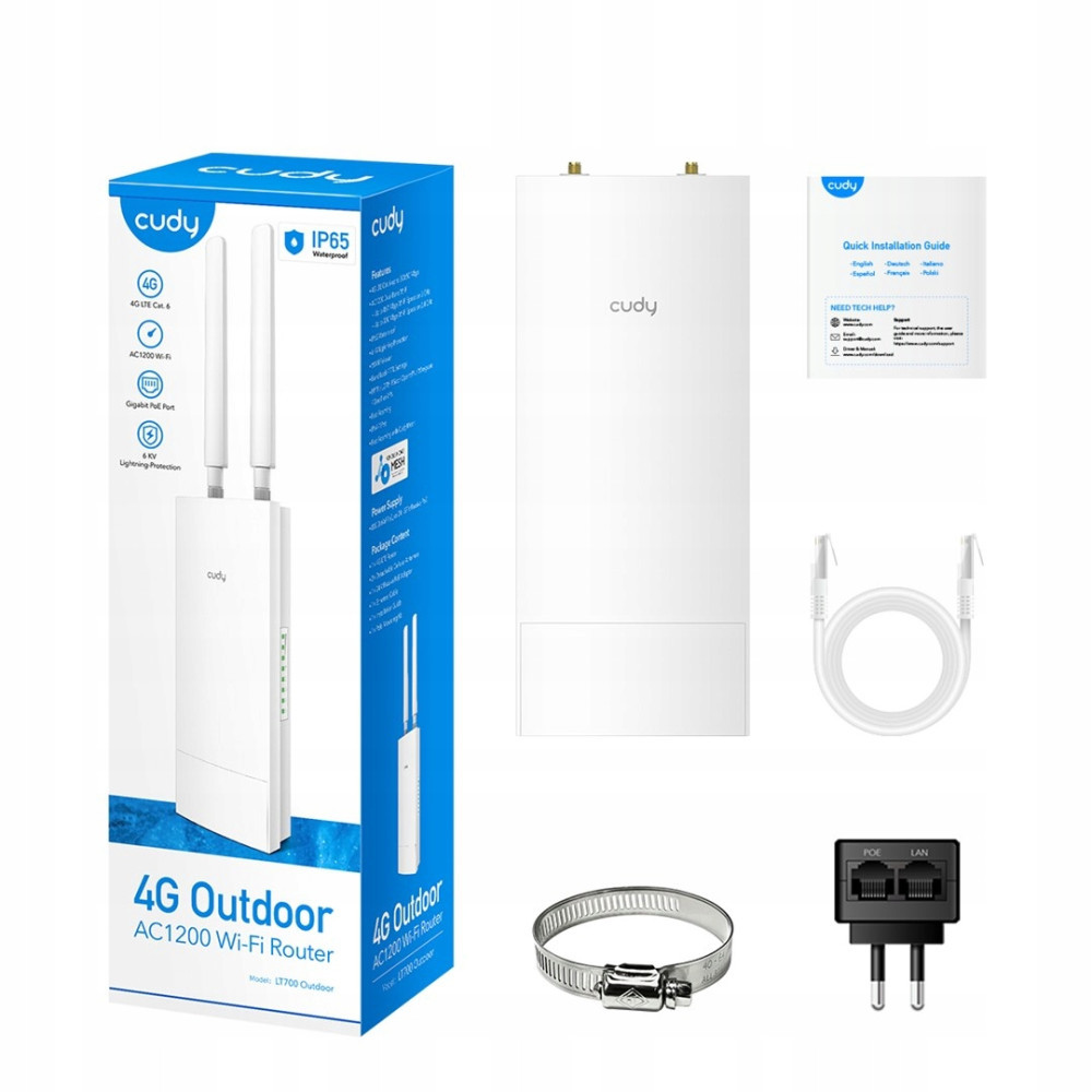 Cudy 4G outdoor Wi-Fi router met doos, montagemateriaal, kabel, handleiding en adapter op witte achtergrond.